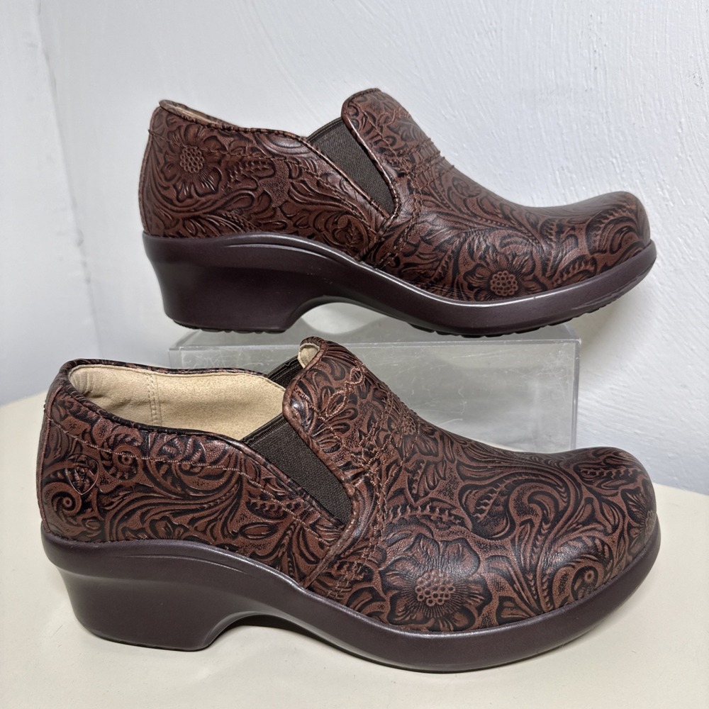 ARIAT Steel Toe Slip Resistant Brown Leather Slip On Safety Clogs Womens 8,6 B